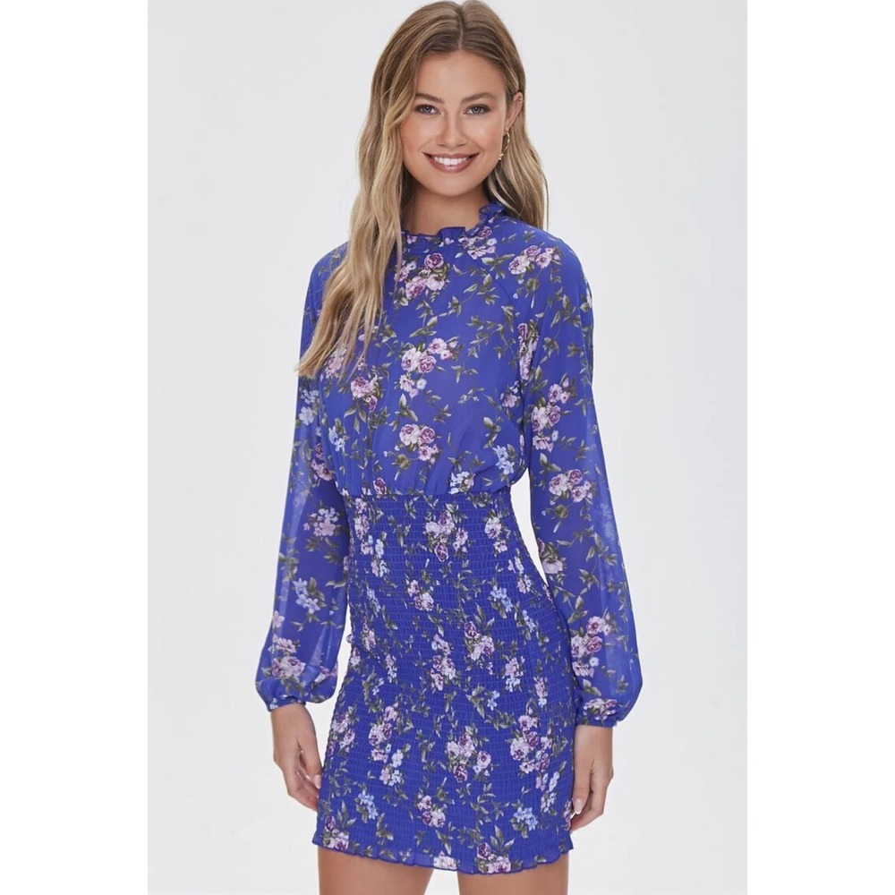 Forever 21 Stunning Dress Above Knee Mini Long sleeve Floral Royal Blue MEDIUM